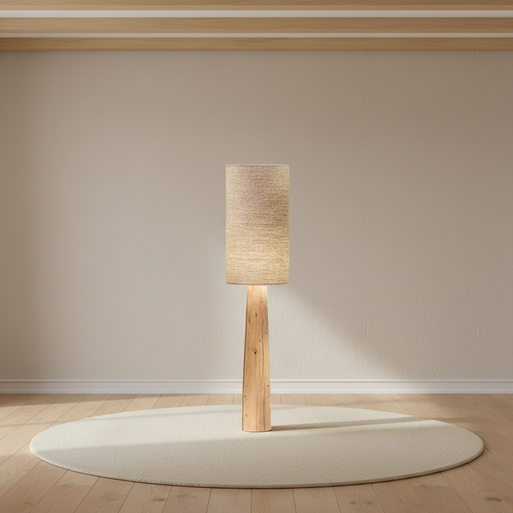 Lampadaire en bois massif tourné, abat-jour lin – mise en scène
