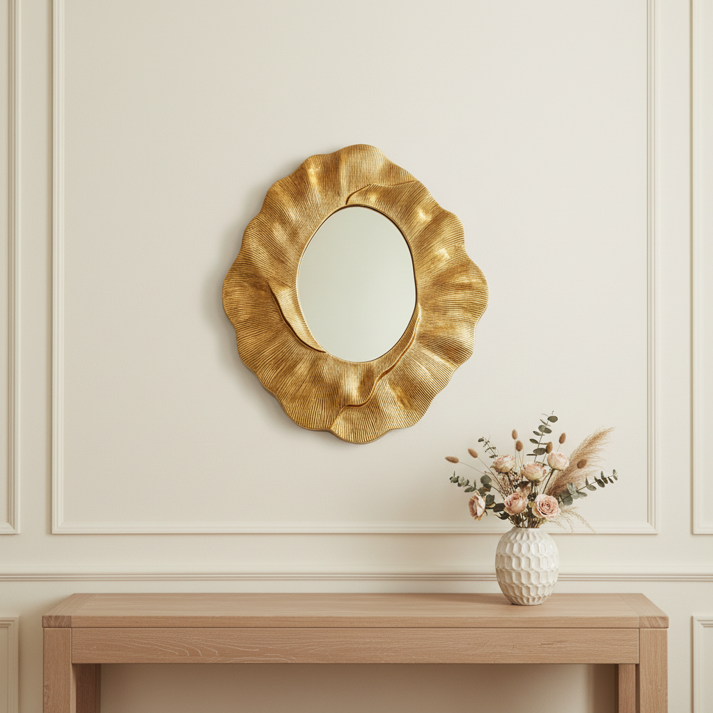 Miroir mural sculpté doré au-dessus d'une console en chêne