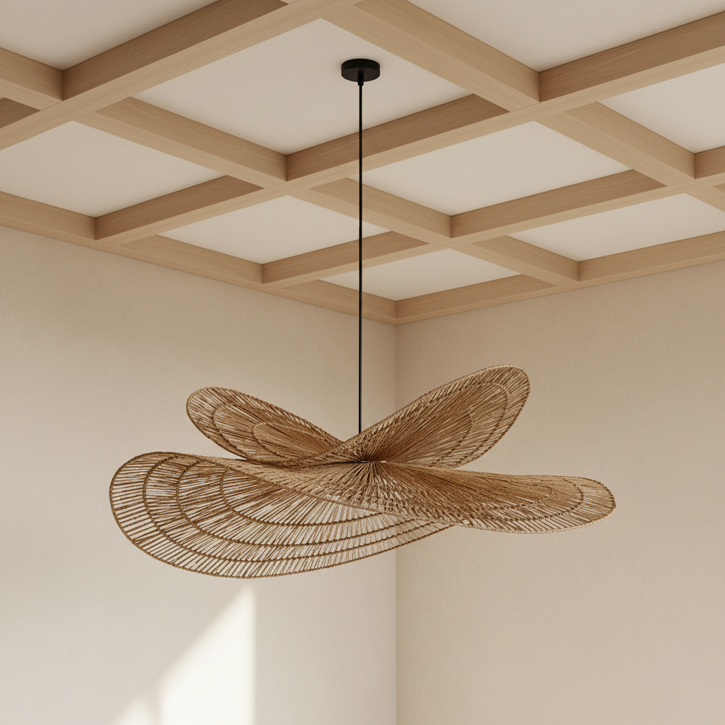 Suspension chapeau en rotin tressé, double couche – mise en scène