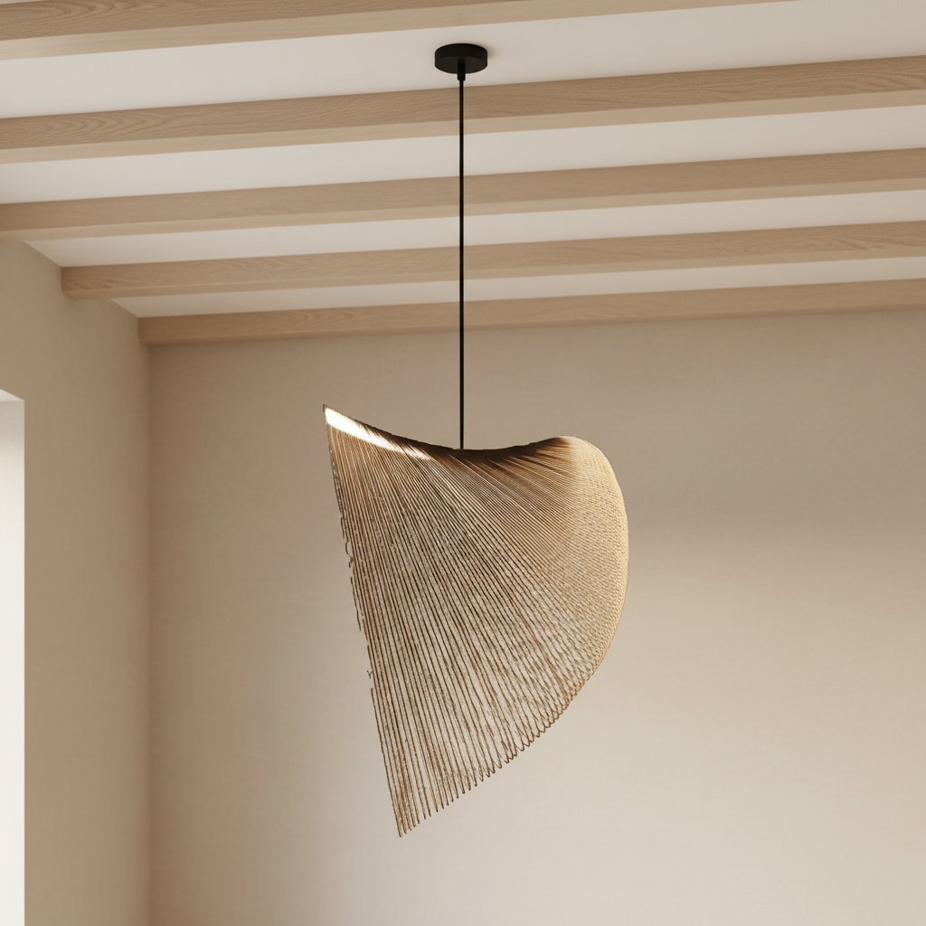 Suspension sculpturale en lamelles de bois, forme coquille – mise en scène