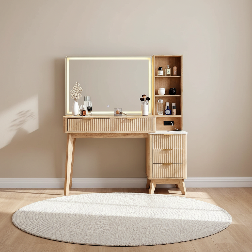 Coiffeuse en chêne clair avec miroir LED tactile et meuble de rangement vitré – mise en scène
