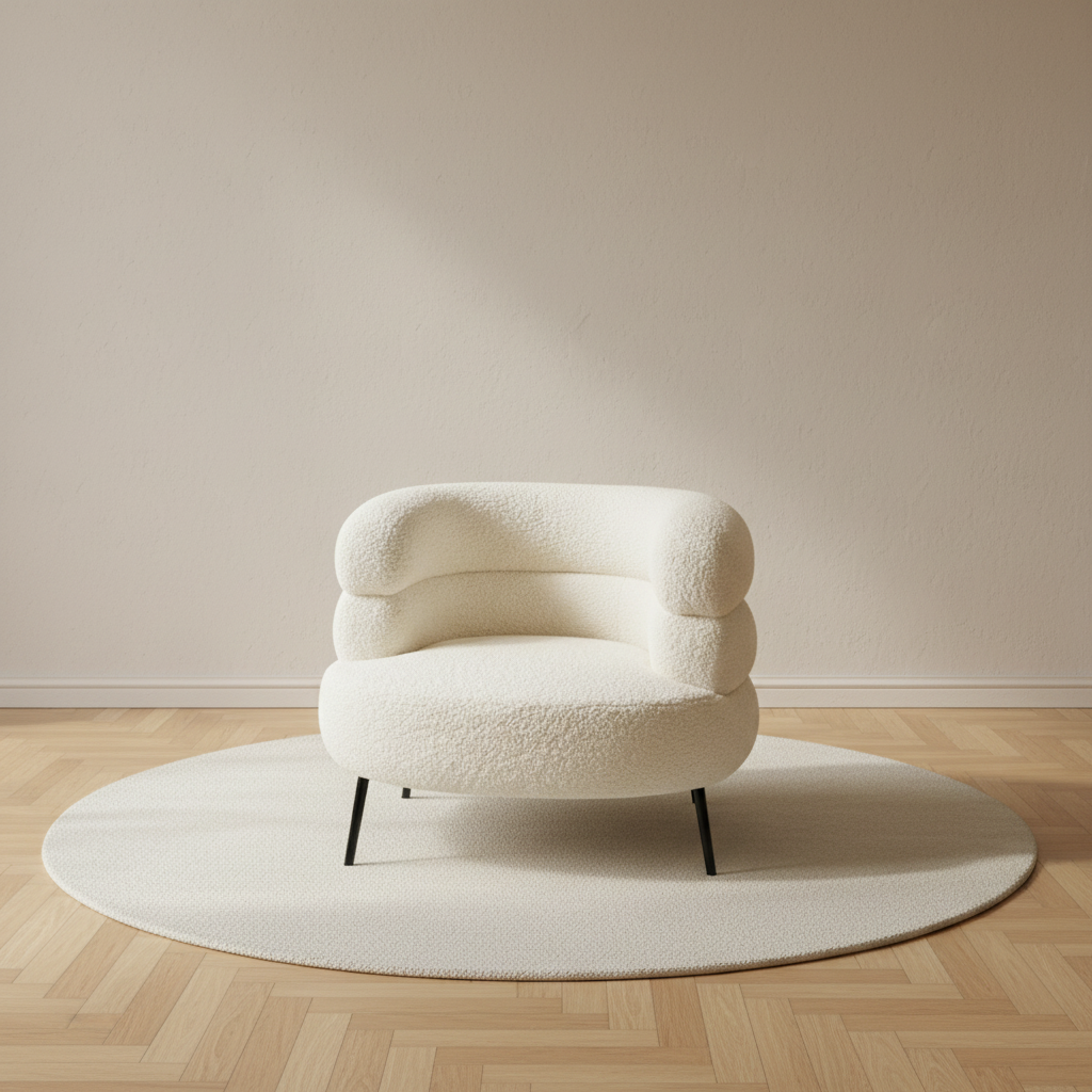 Fauteuil rond en peluche teddy, style girly – mise en scène