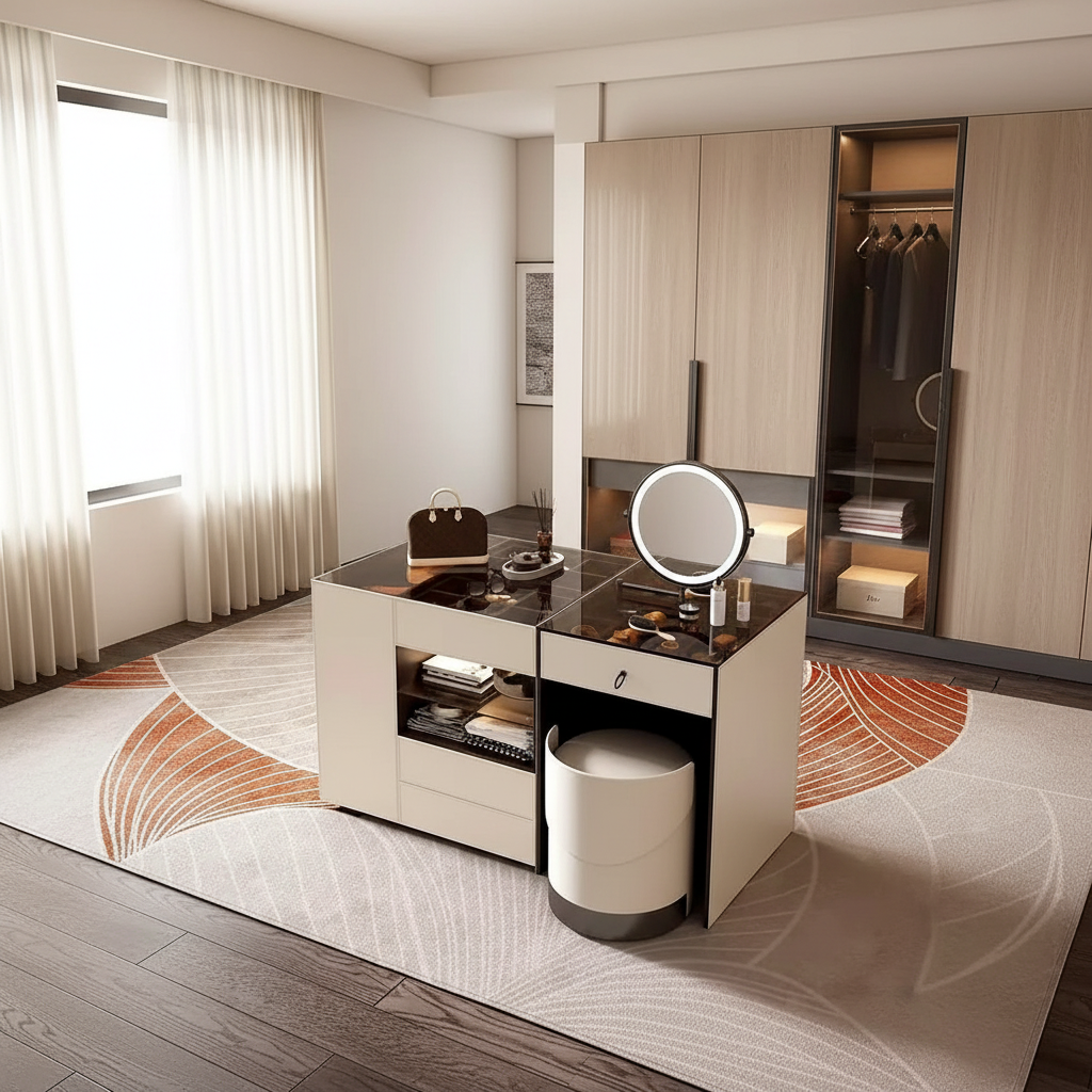 Coiffeuse-îlot italienne en cuir crème et noyer, miroir LED rotatif et tabouret – mise en scène