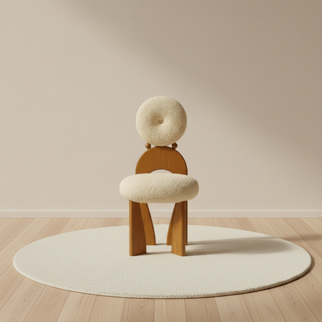 Fauteuil sculptural en bouclette, piètement bois arqué – mise en scène