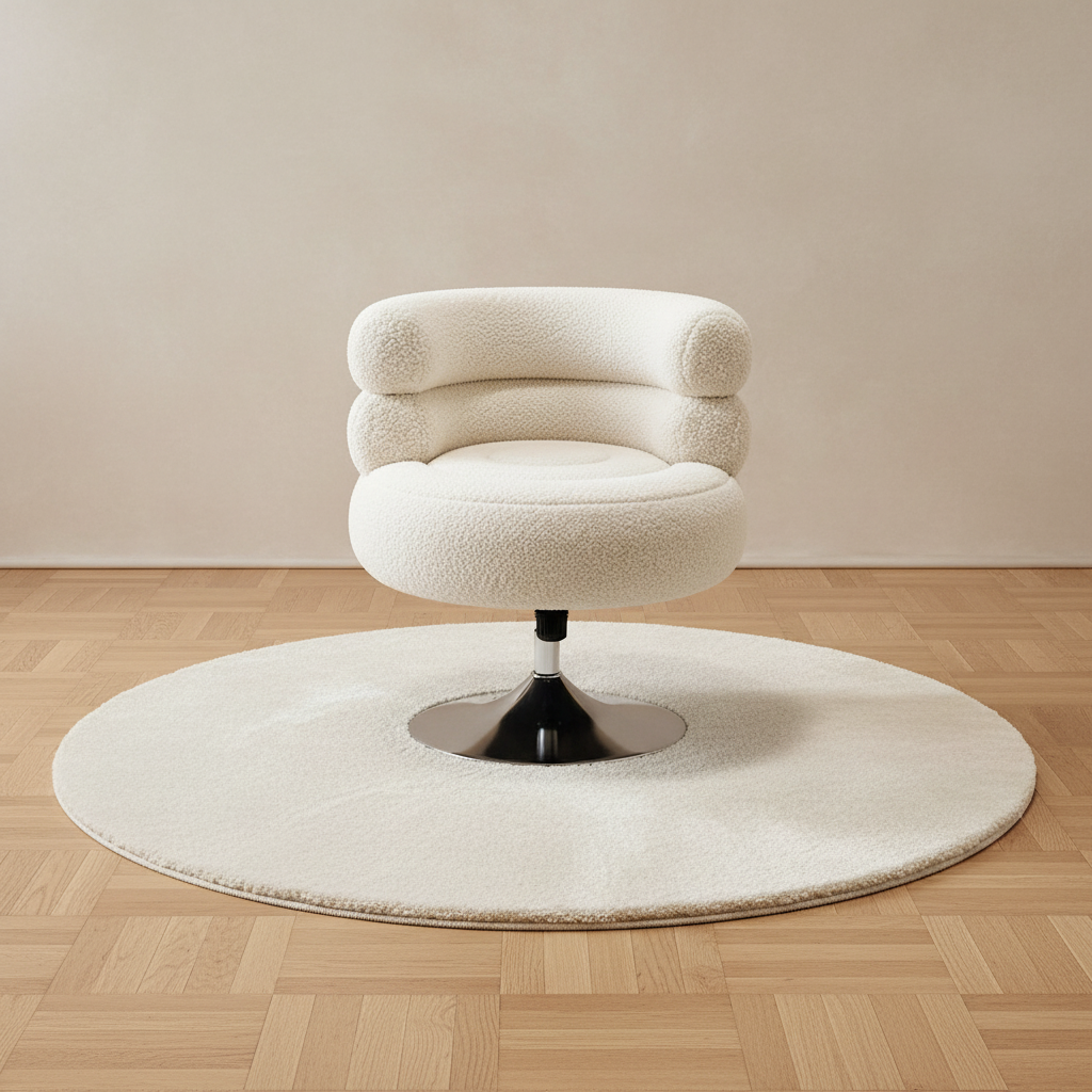 Fauteuil de coiffeuse pivotant en moumoute, socle chromé – mise en scène