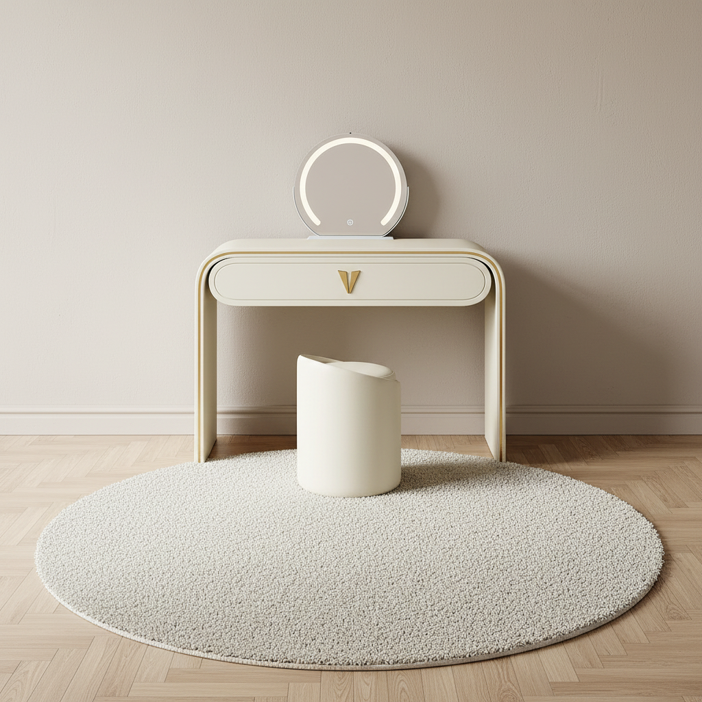 Coiffeuse laquée à liseré doré, miroir intelligent LED et tabouret assorti – mise en scène