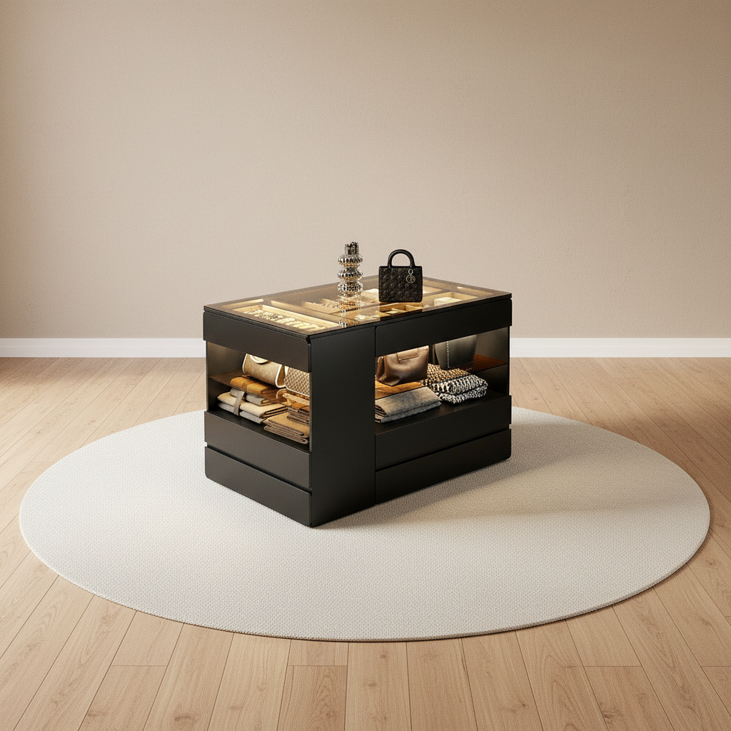 Îlot central de dressing, plateau vitré LED et tiroirs capitonnés – mise en scène