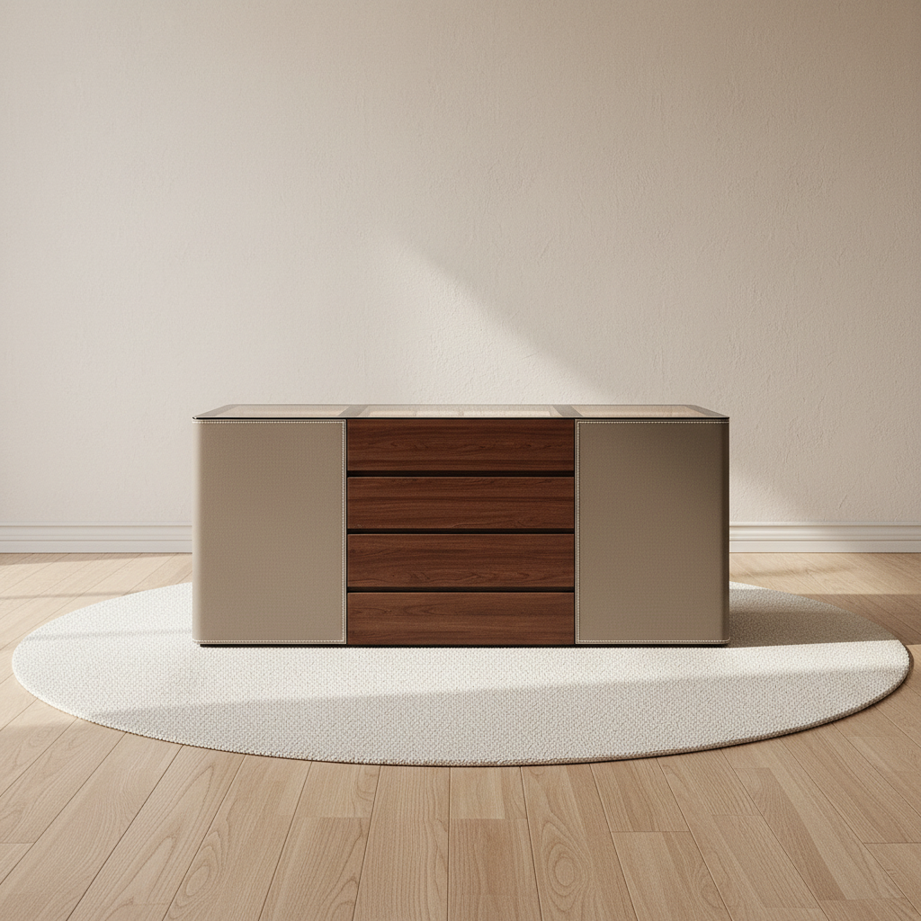 Îlot de dressing bicolore cuir et bois, plateau vitré LED – mise en scène