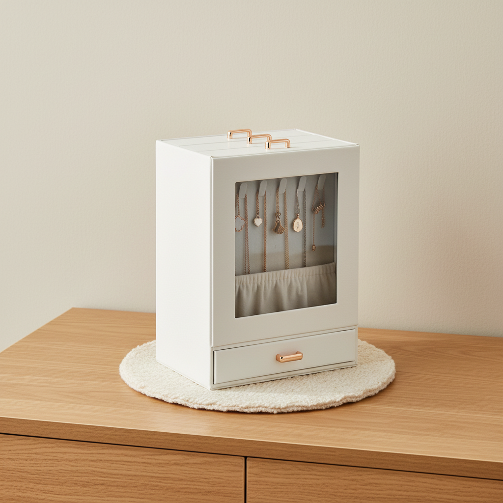 Armoire à bijoux vitrée en simili-cuir, porte-colliers et tiroir – mise en scène