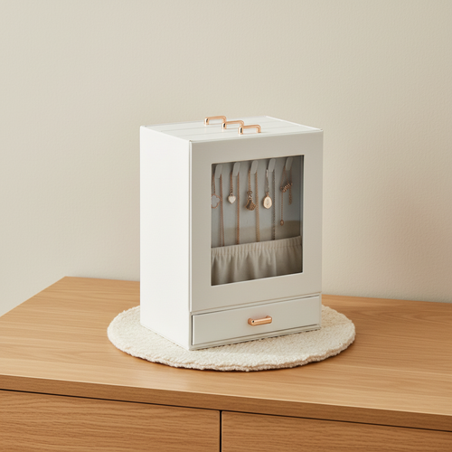 Armoire à bijoux vitrée en simili-cuir, porte-colliers et tiroir – mise en scène