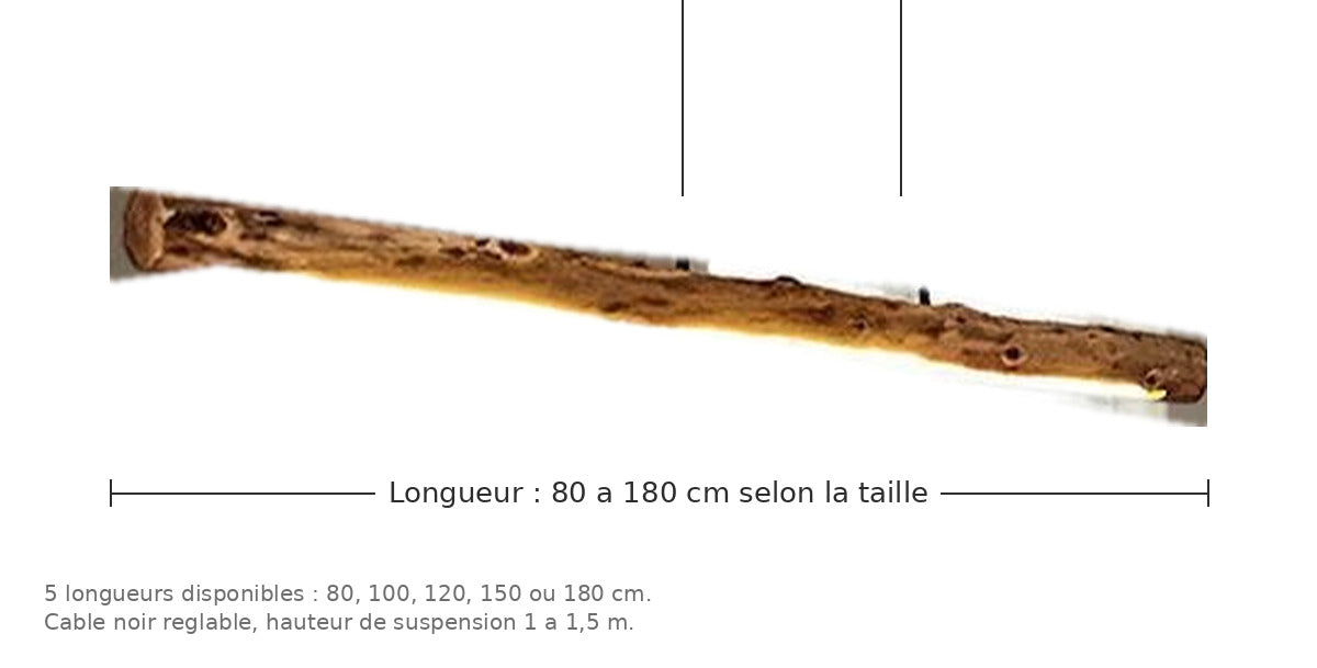 Suspension tronc de bois brut - dimensions : longueur 80 à 180 cm
