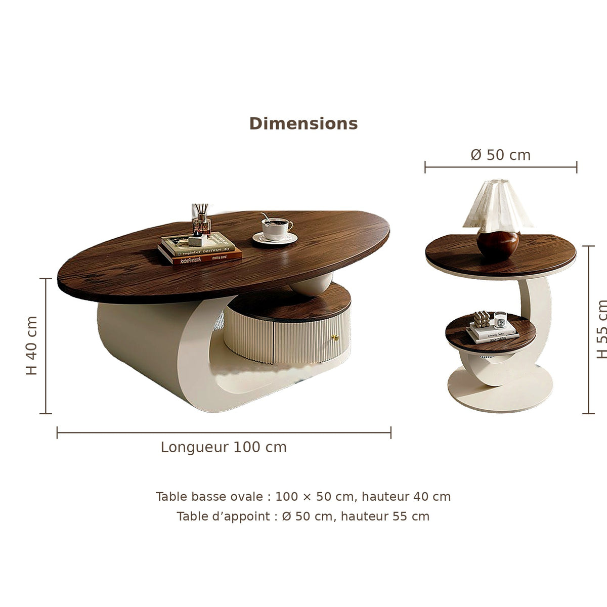 Dimensions de la table basse ovale et de la table d'appoint
