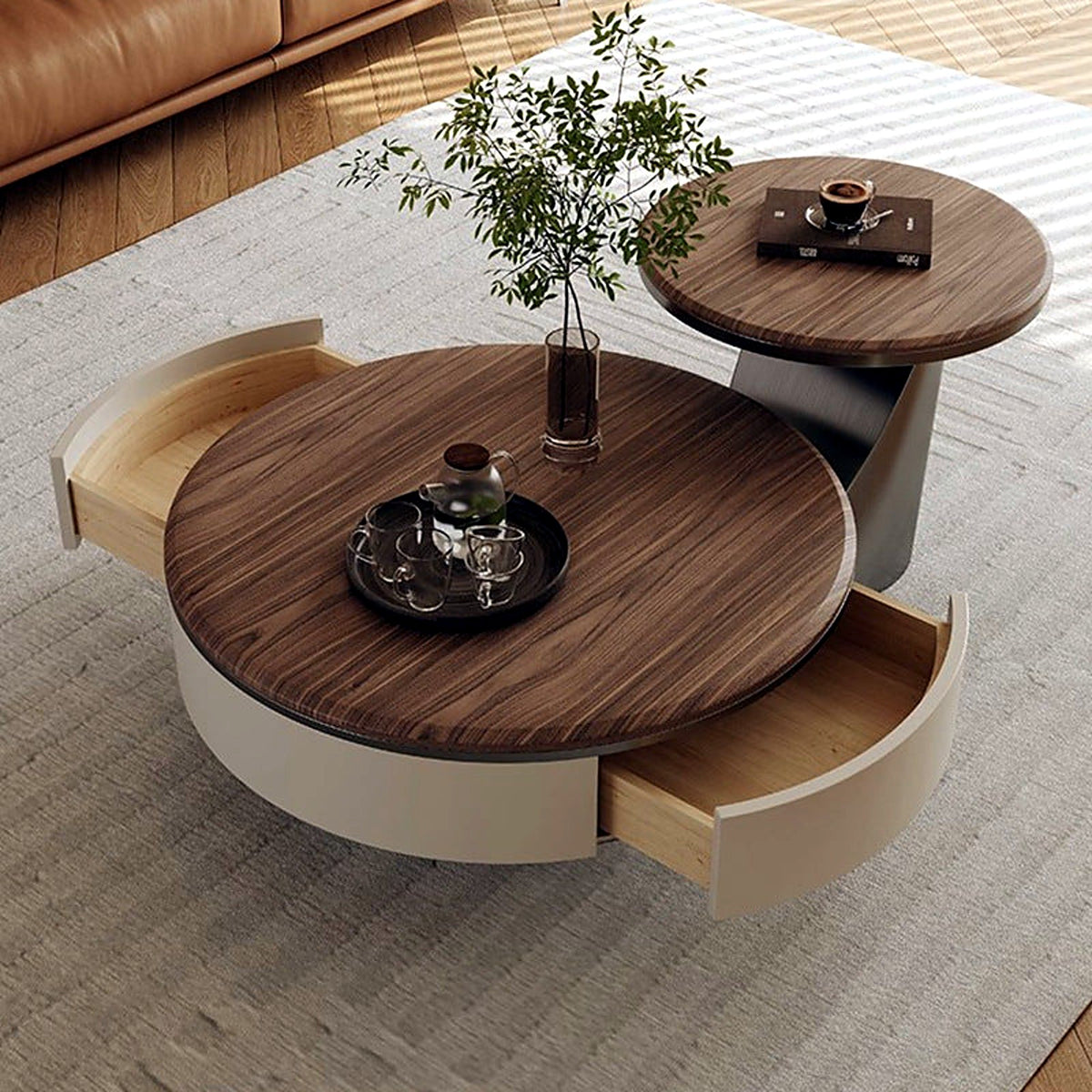 Table basse ronde AUBRYNE, deux tiroirs ouverts