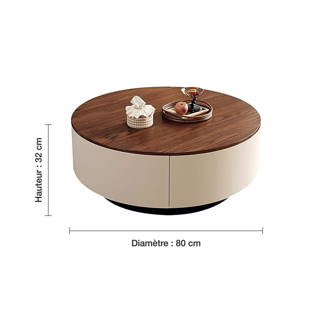 Dimensions table basse ronde crème : diamètre 80 cm, hauteur 32 cm