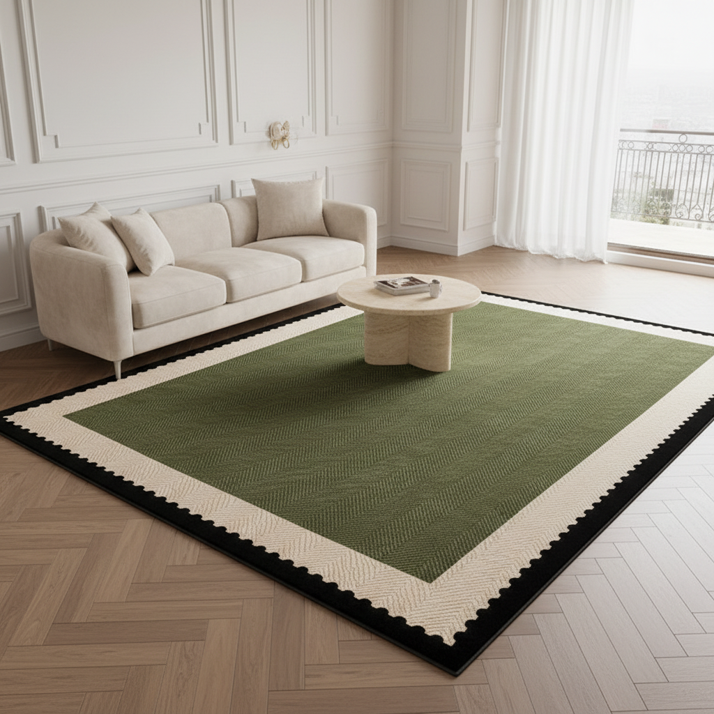 Tapis bouclé AUBRYNE à double bordure festonnée, vert olive