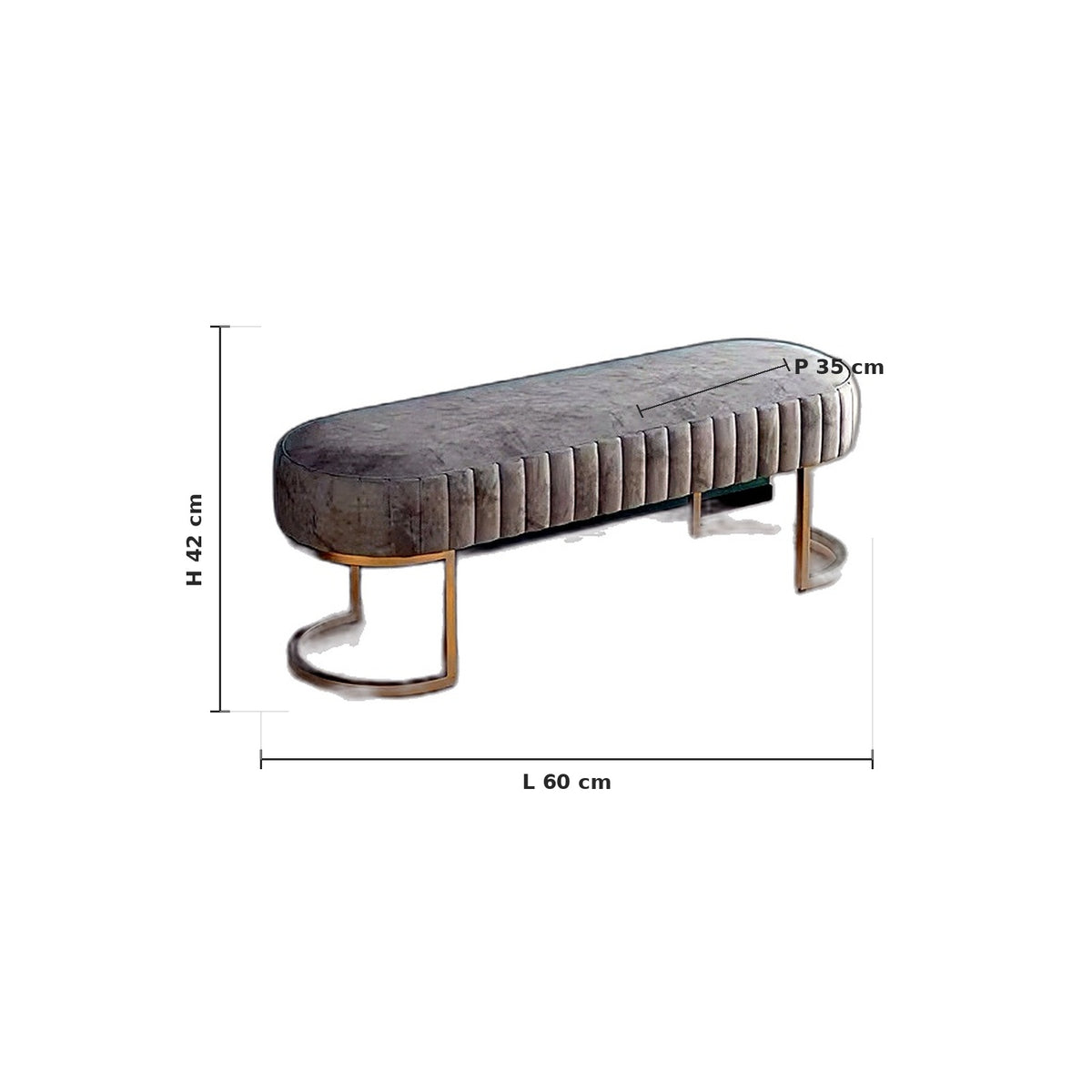 Banc bout de lit ovale en velours gris, dimensions
