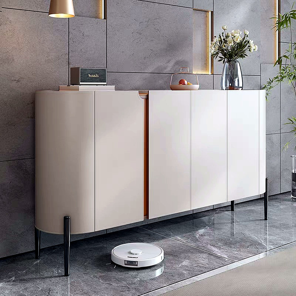 Buffet arrondi effet cuir grège et orange, largeur 180 cm