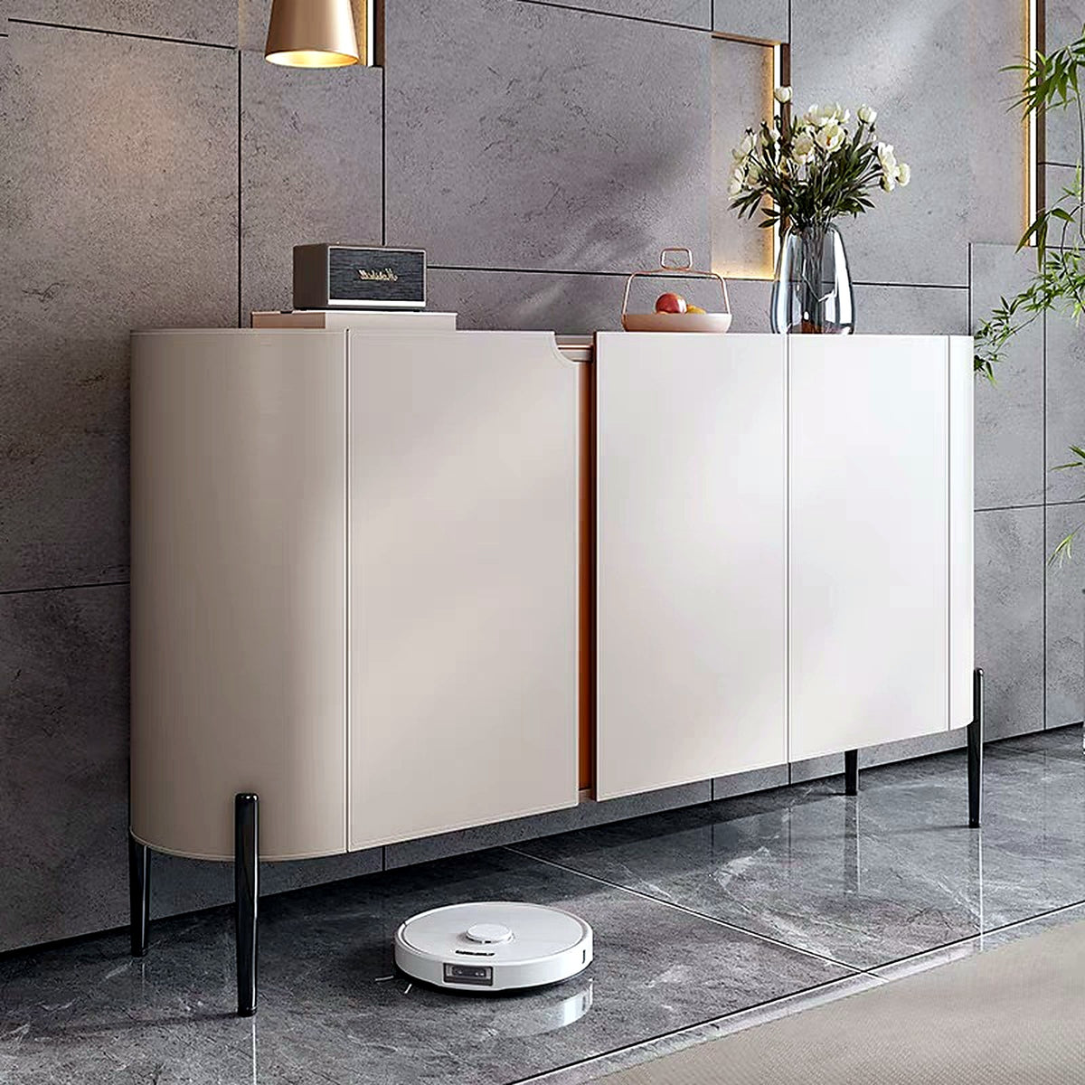 Buffet arrondi effet cuir, vue de trois quarts