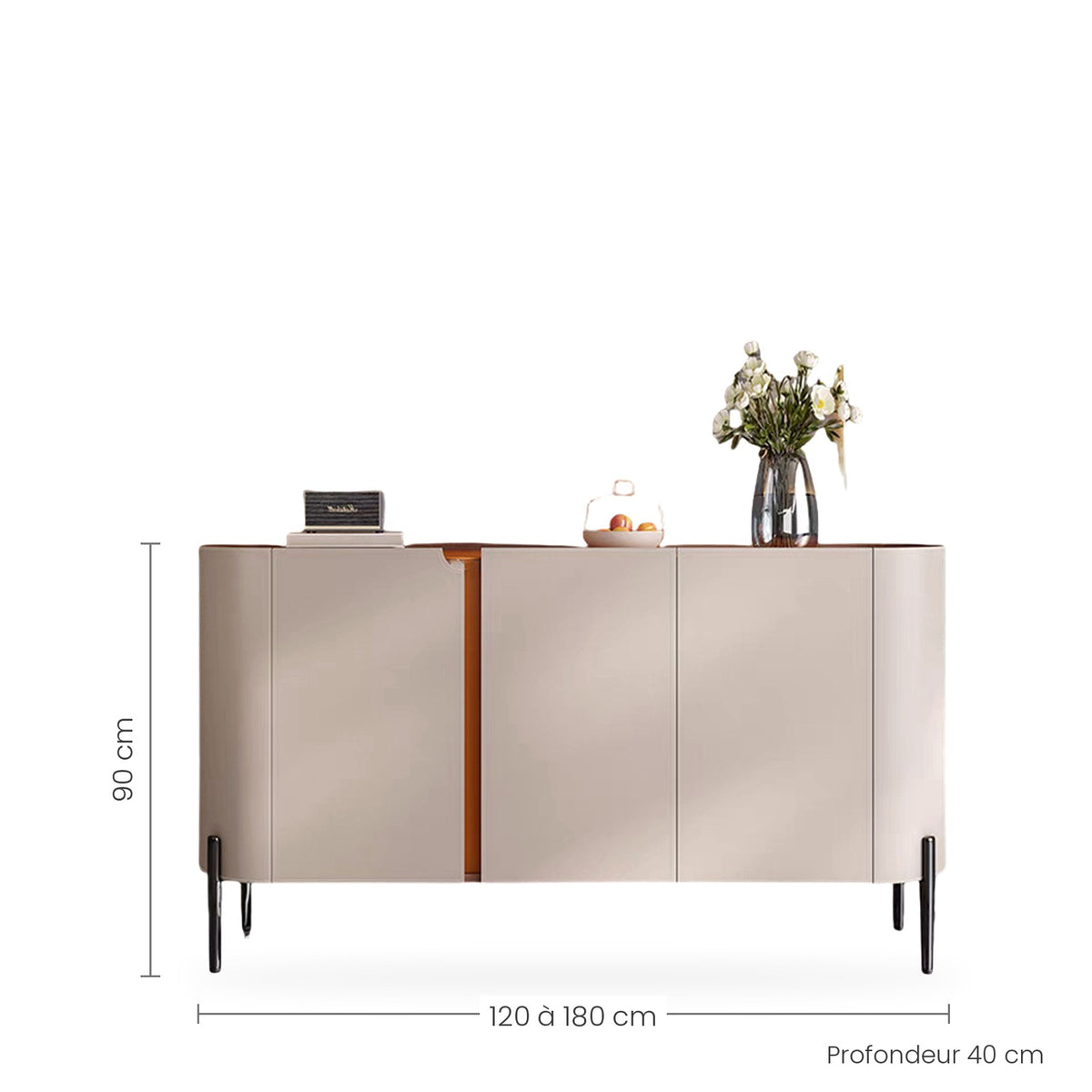 Dimensions du buffet arrondi effet cuir : hauteur, longueur et largeur, fond blanc