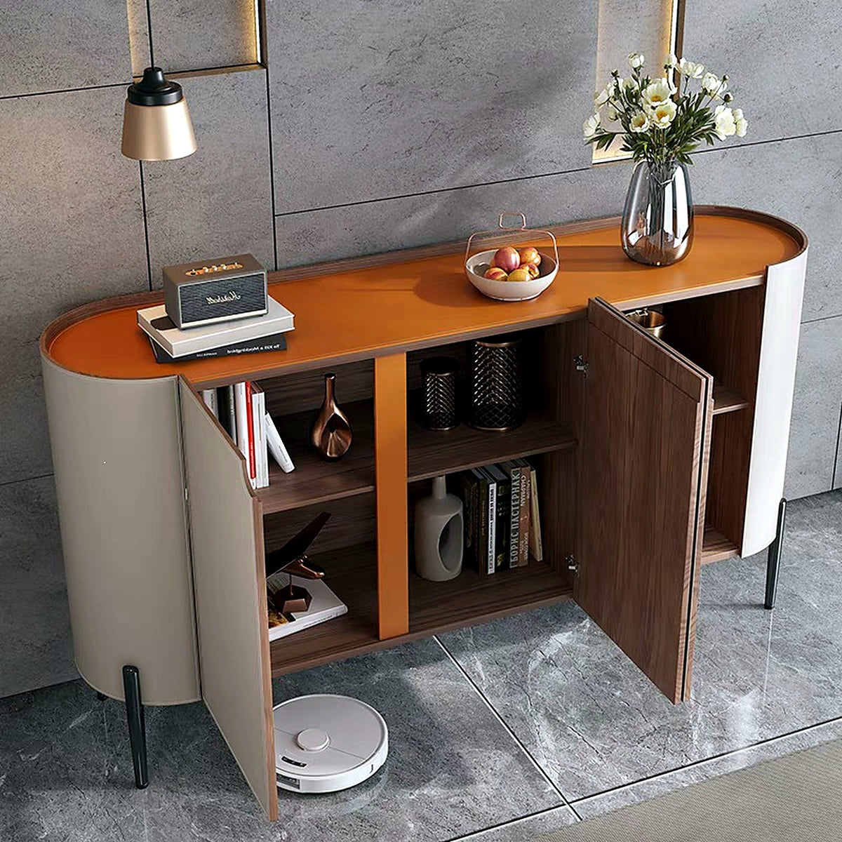 Buffet arrondi, portes ouvertes sur l'intérieur noyer