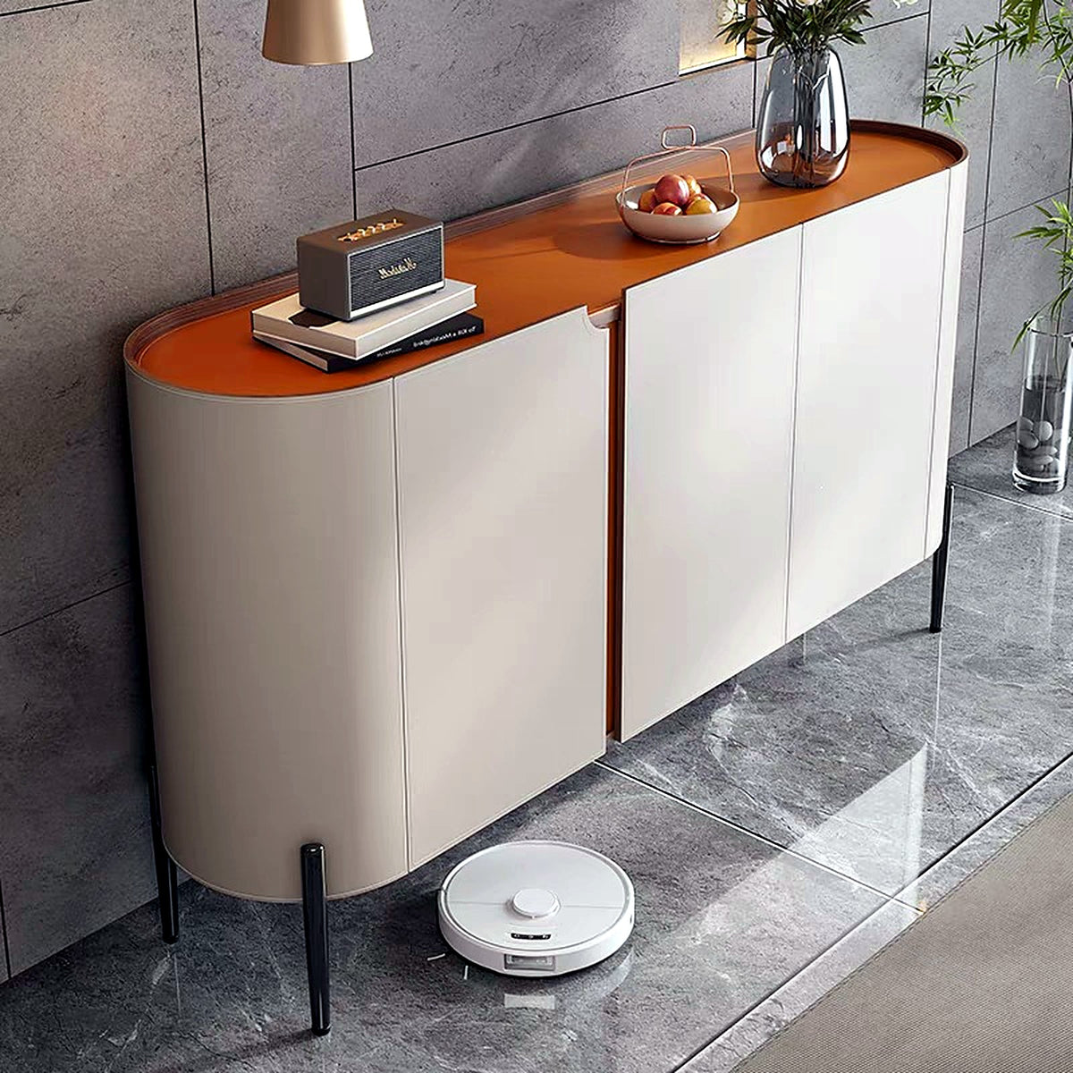 Buffet arrondi, plateau effet cuir orange