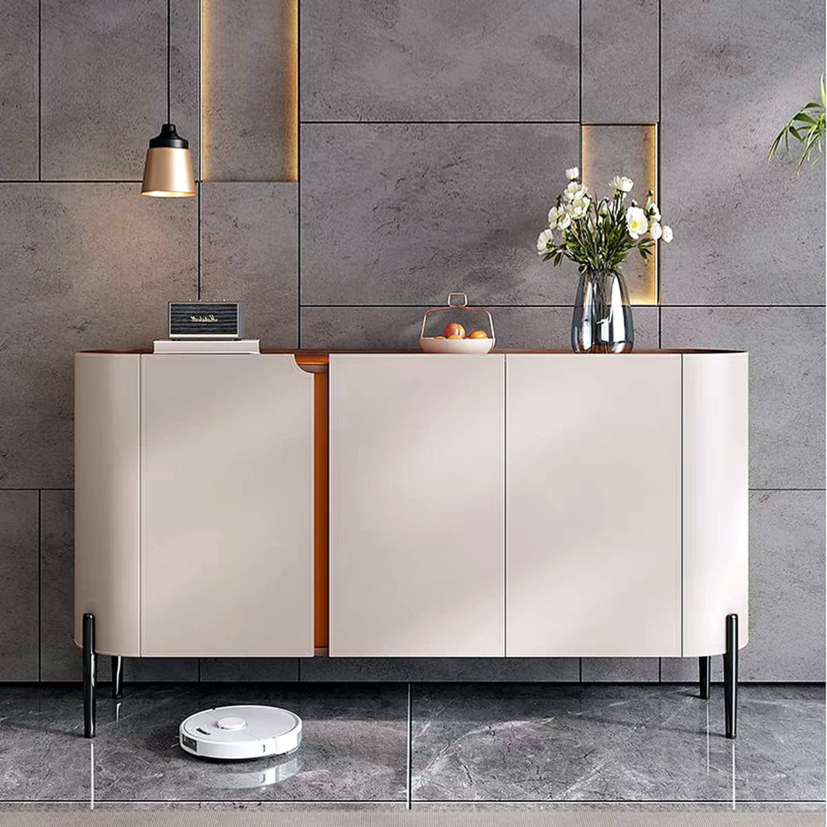 Buffet arrondi AUBRYNE effet cuir grège et orange, pieds noirs