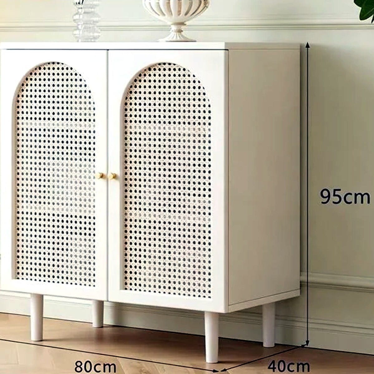 Buffet blanc chaud et cannage 80 cm, deux portes arrondies