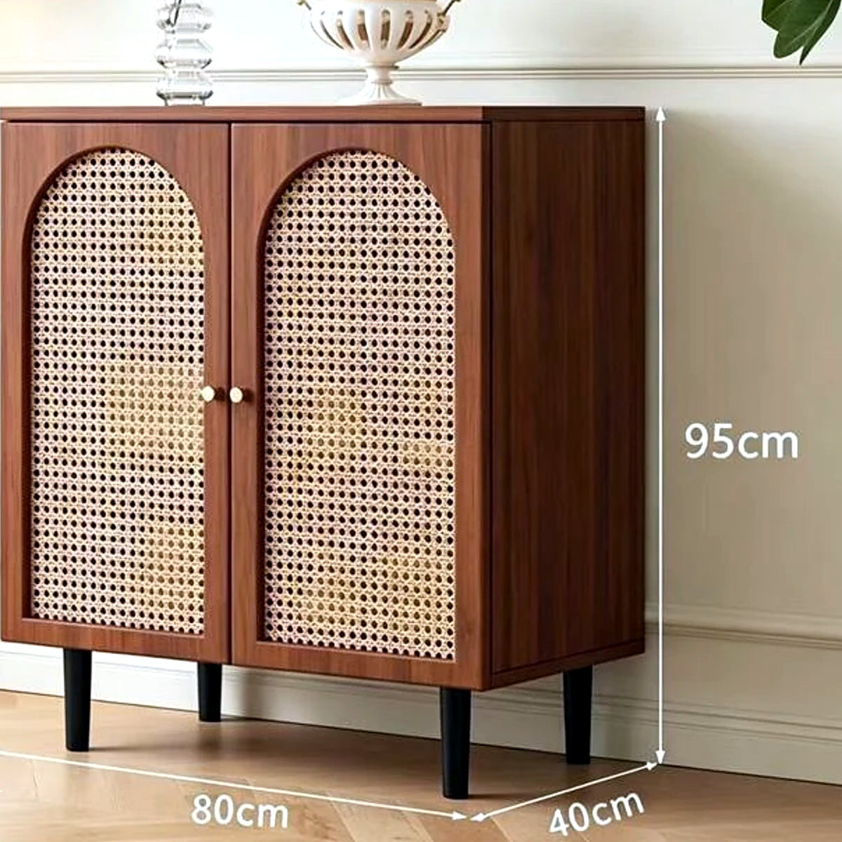 Buffet noyer et cannage 80 cm, deux portes arrondies