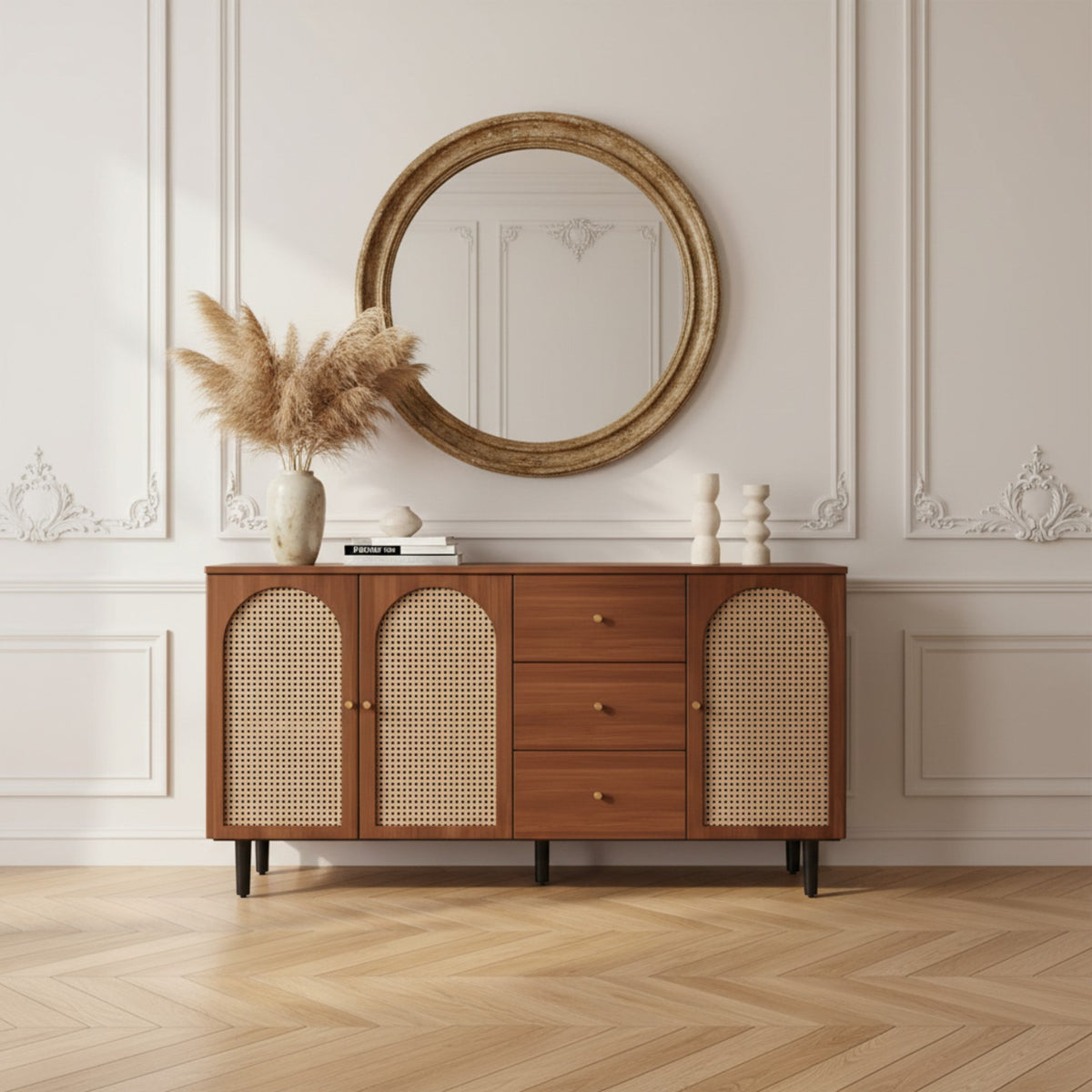Buffet noyer et cannage dans un salon parisien à moulures