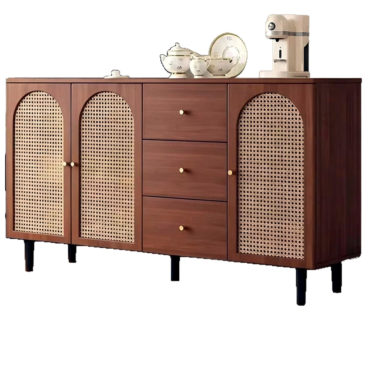 Buffet noyer 160 cm, portes arrondies en cannage et trois tiroirs