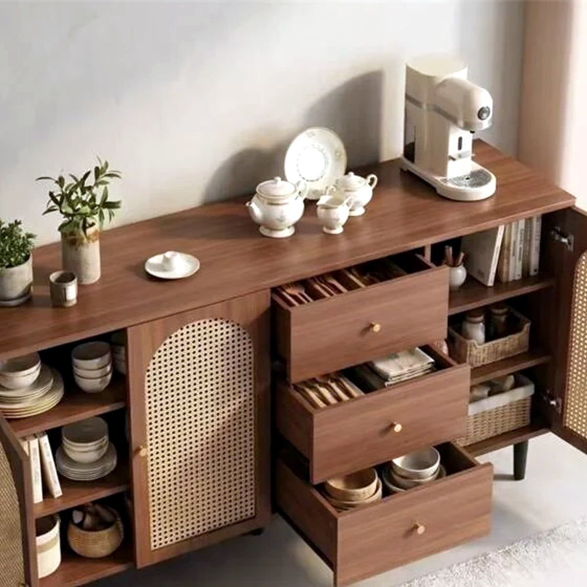 Buffet noyer et cannage ouvert, tiroirs et étagères de rangement