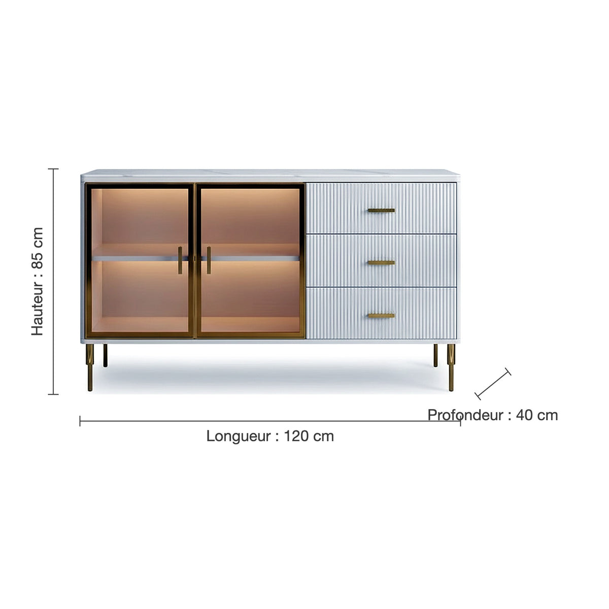 Dimensions du buffet cannelé blanc 120 cm : L 120 × P 40 × H 85 cm