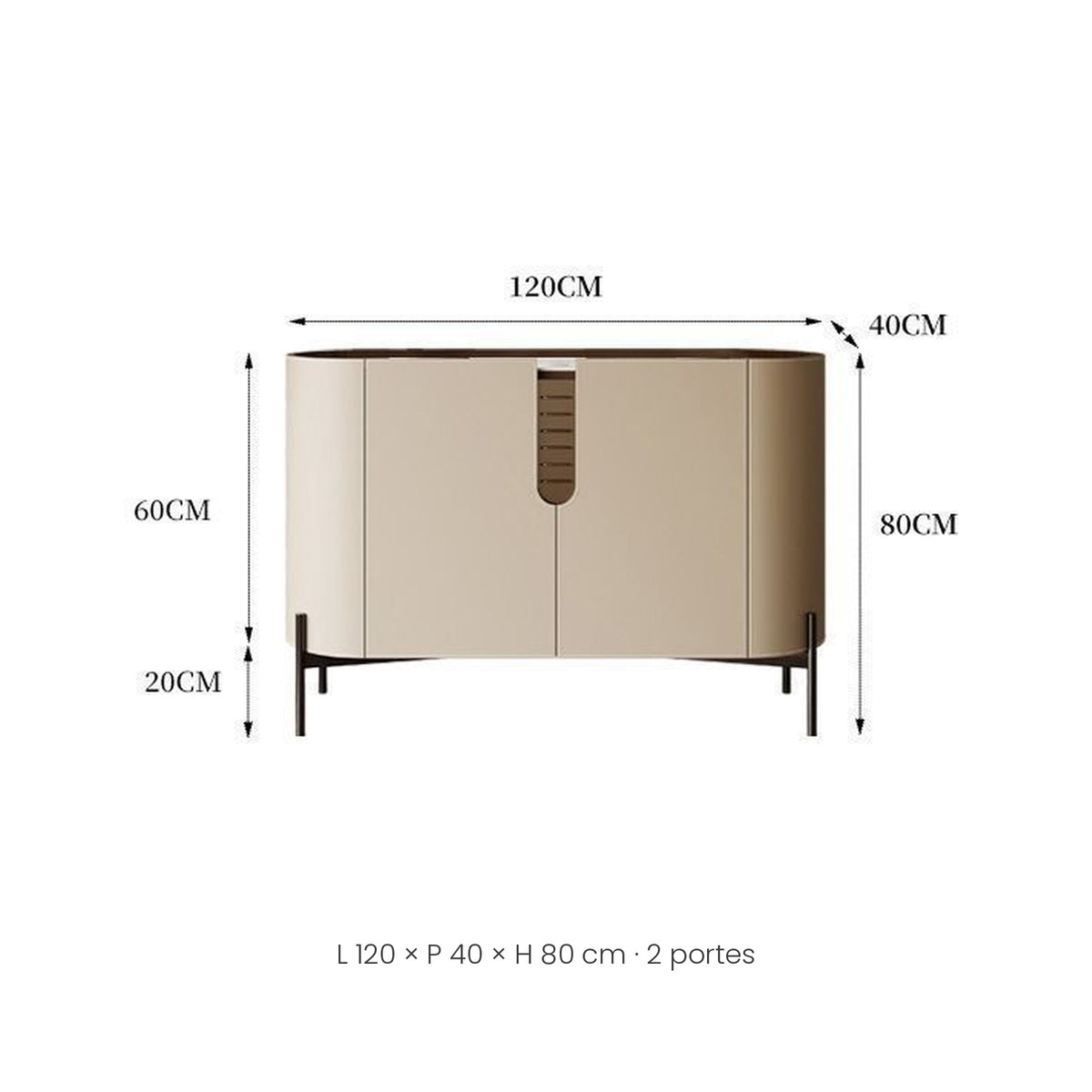 Dimensions du buffet d'entrée arrondi 120 cm, 2 portes, fond blanc