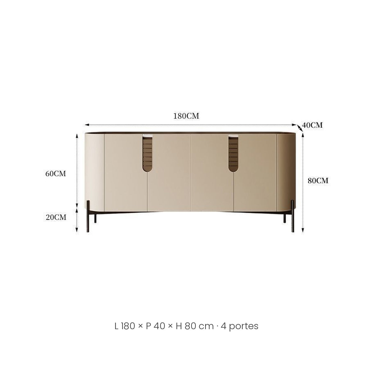 Dimensions du buffet d'entrée arrondi 180 cm, 4 portes : hauteur, longueur et largeur, fond blanc
