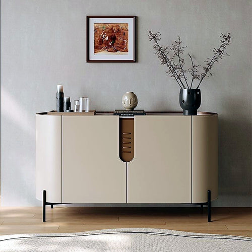 Buffet d'entrée arrondi AUBRYNE effet cuir sellier, façades grège et poignée surpiquée