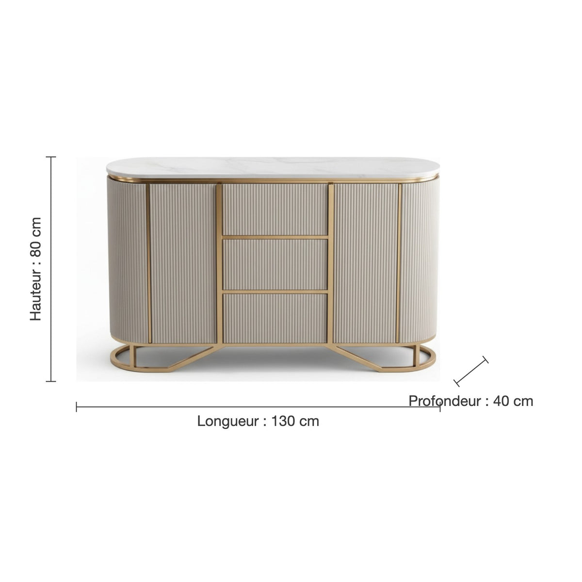 Dimensions du buffet gris perle : L 130 × P 40 × H 80 cm
