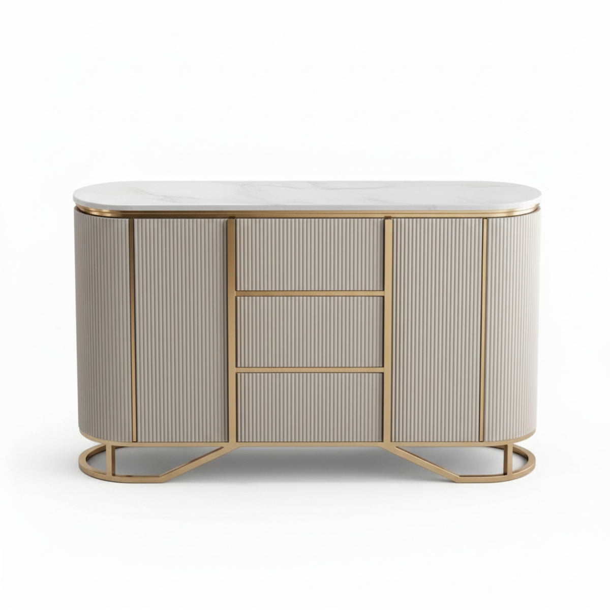 Buffet arrondi cannelé gris perle sur fond blanc