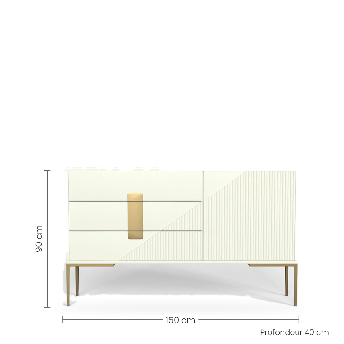 Dimensions du buffet laqué crème cannelé 150 cm, fond blanc