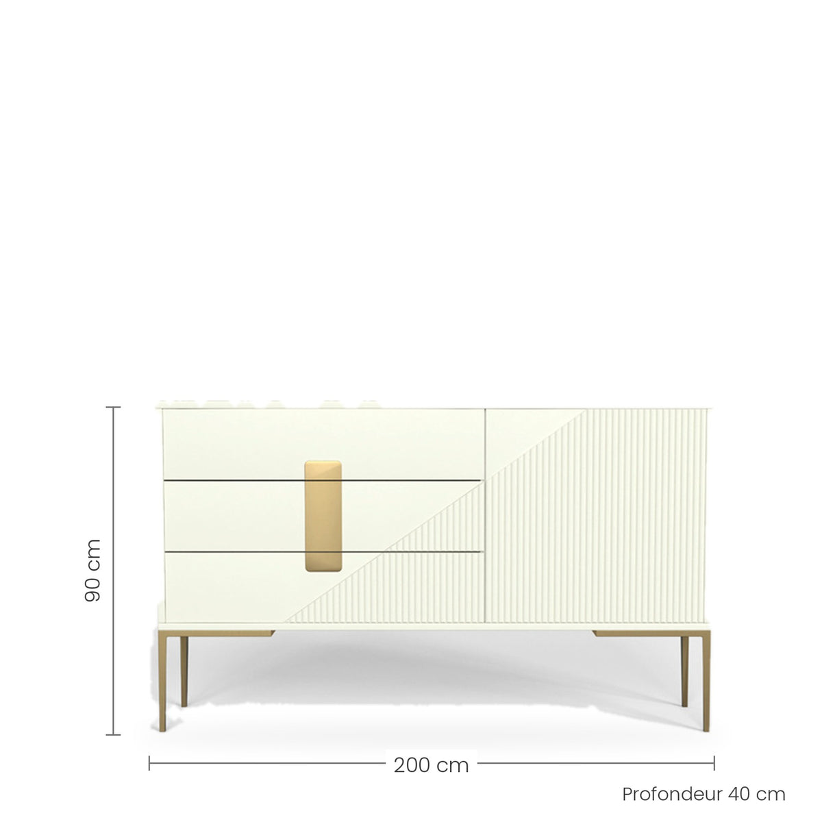Dimensions du buffet laqué crème cannelé 200 cm : hauteur, longueur et largeur, fond blanc
