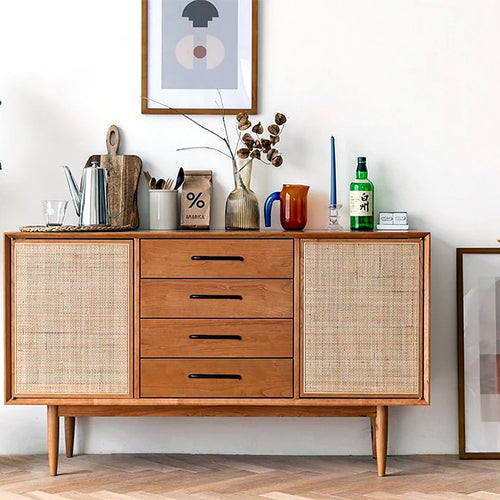 Buffet AUBRYNE en bois massif ton merisier et cannage