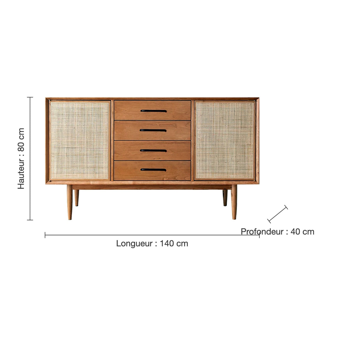 Dimensions du buffet merisier 140 cm : L 140 × P 40 × H 80 cm