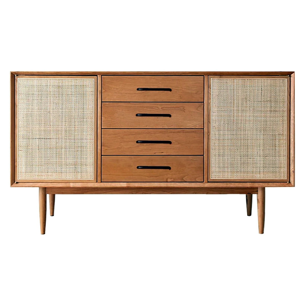 Buffet merisier et cannage sur fond blanc
