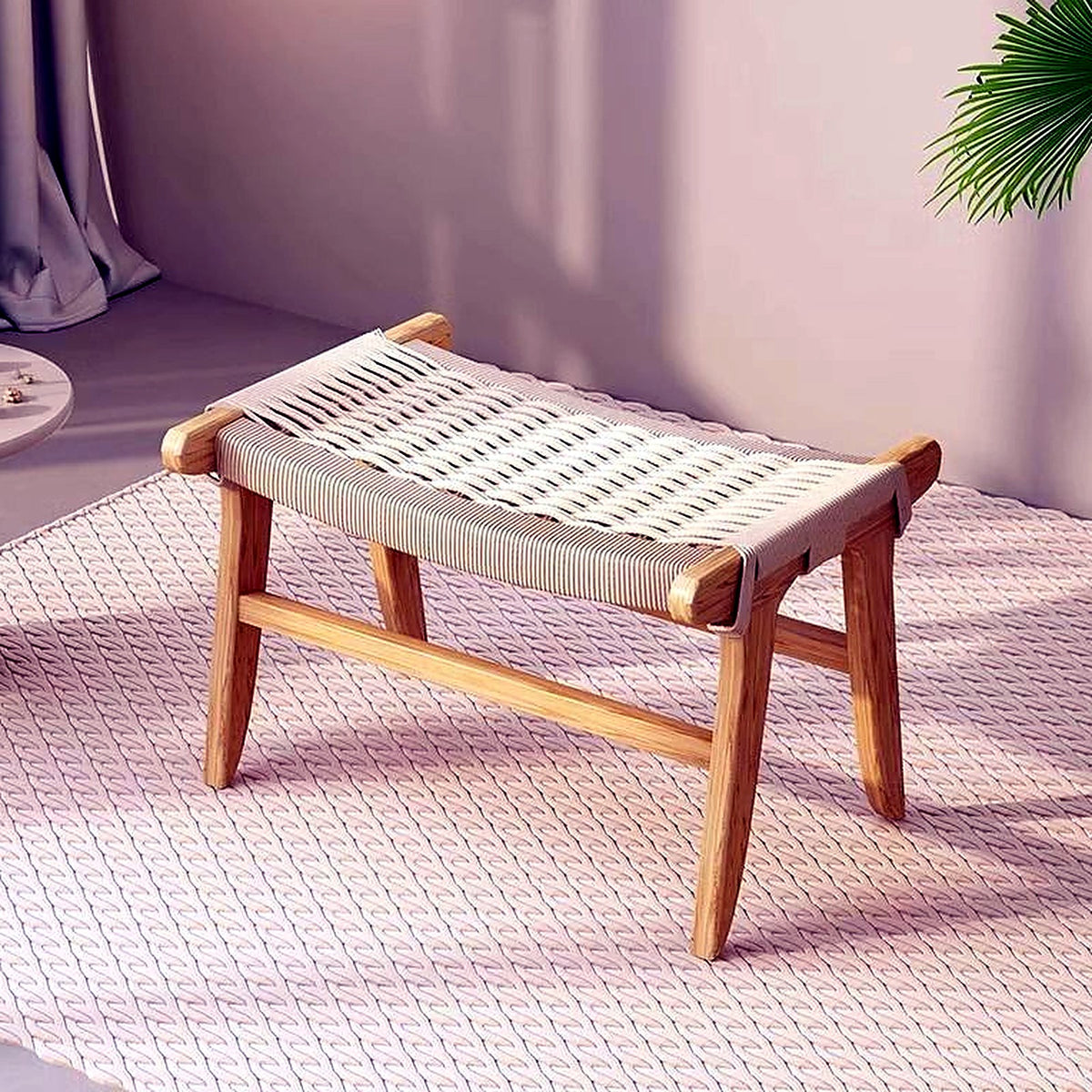 Banc repose-pieds en bois naturel et corde tressée