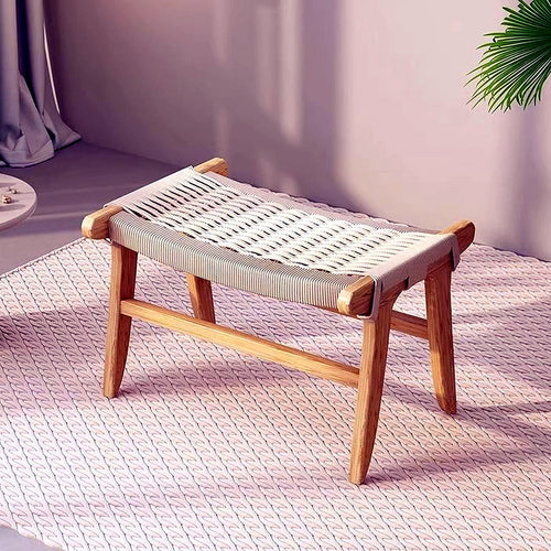 Banc repose-pieds en bois naturel et corde tressée