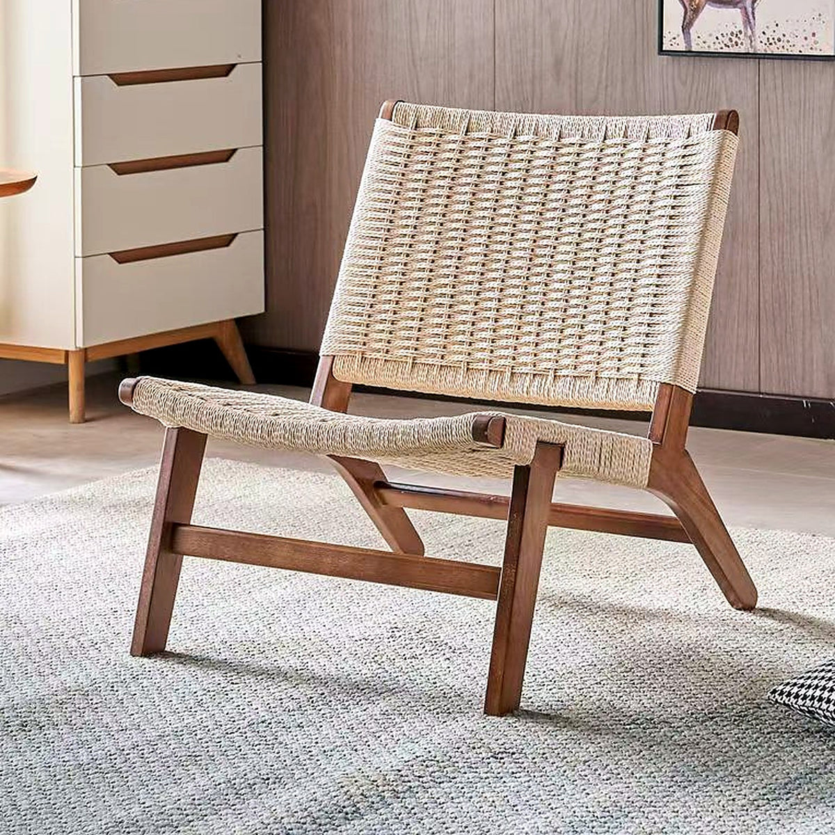 Chaise lounge en noyer et corde tressée