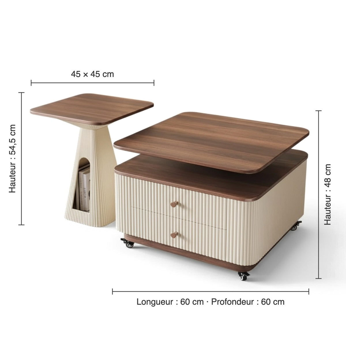 Version carrée, dimensions : table basse 60 × 60 cm H 48 cm, table d'appoint 45 × 45 cm H 54,5 cm