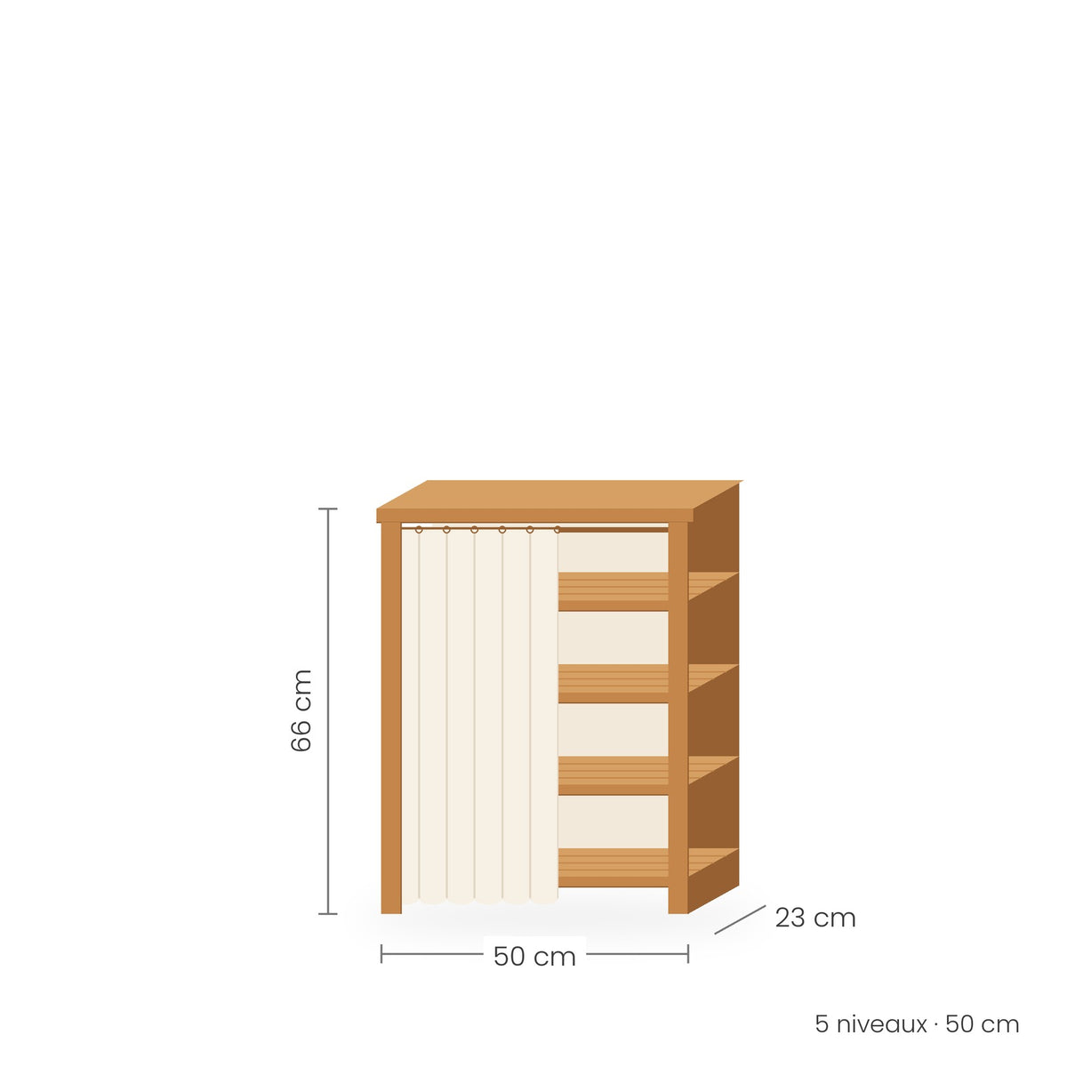 Étagère à chaussures bambou avec rideau, 5 niveaux, 50 cm