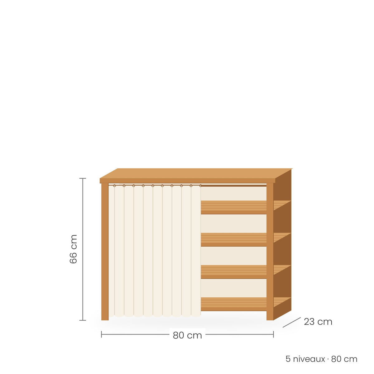 Étagère à chaussures bambou avec rideau, 5 niveaux, 80 cm