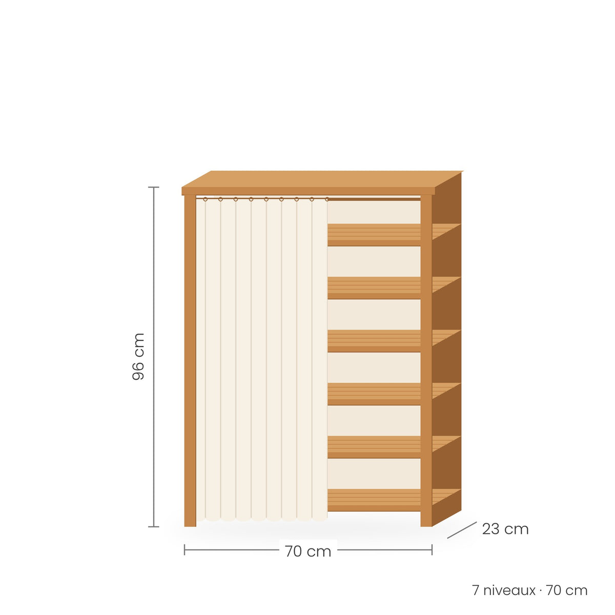 Étagère à chaussures bambou avec rideau, 7 niveaux, 70 cm