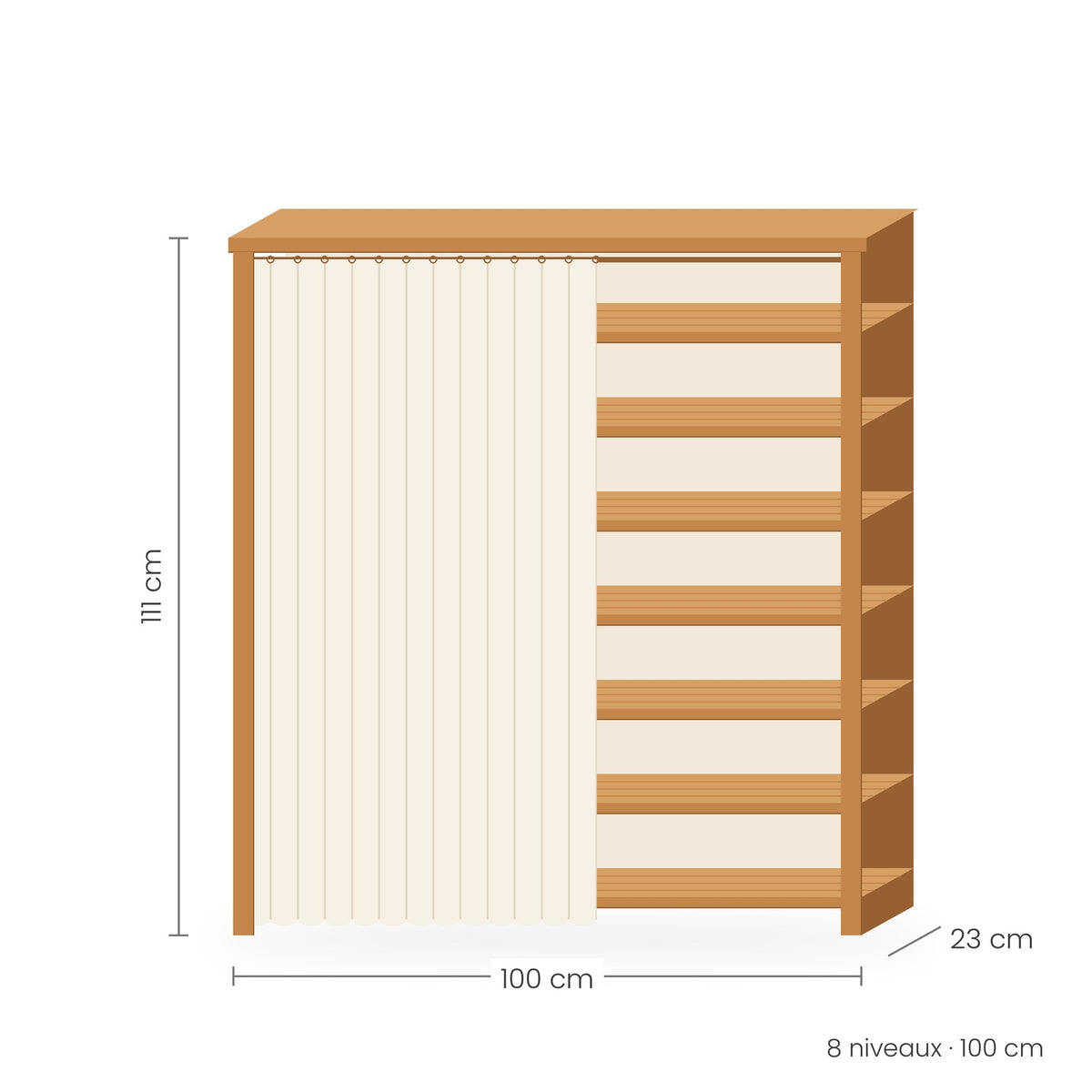 Étagère à chaussures bambou avec rideau, 8 niveaux, 100 cm